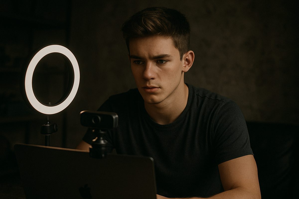 Cam performer streaming with ring light and webcam